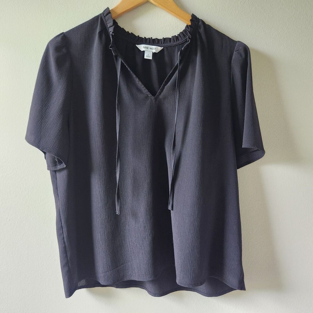 Nine West Split Ruffle V-neck Tie Front Flutter Sleeve Black Chiffon Blouse XL